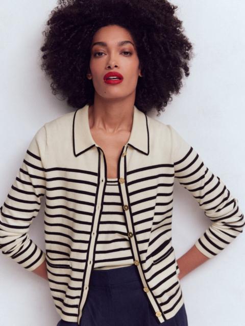 BODEN Liz Knitted Collared Cardigan-Ivory/ Navy