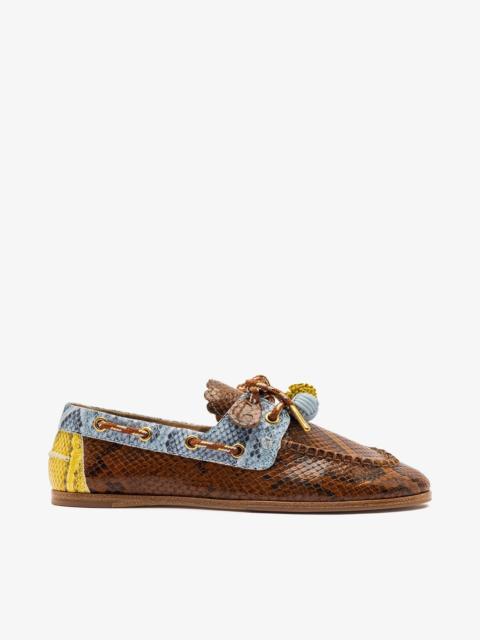 Larroudé Cyprus Boat Shoe in Oud, Maya and Lemonade Python Embossed Leather