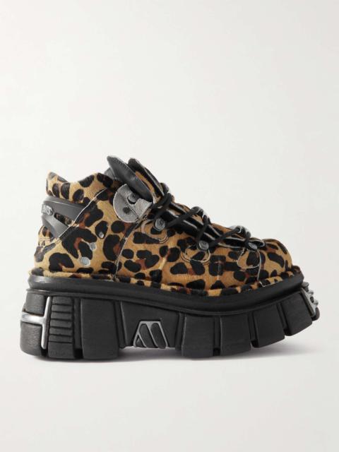 + New Rock Embellished Leopard-Print Pony Hair Platform Sneakers