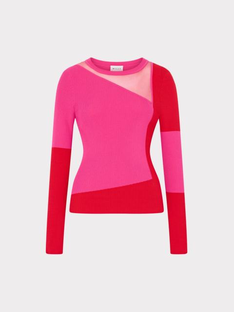 MILLY Shirley Geo Graphic Sheer Knit Top