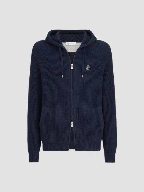 Brunello Cucinelli Men's Cashmere English Rib Hooded Knit Sweatshirt - Blue