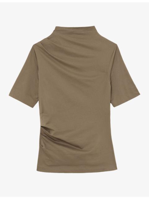 REISS Tulia Draped High-Neck Stretch Cotton-Blend Top