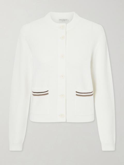 Brunello Cucinelli Bead-embellished ribbed cotton cardigan White