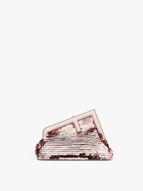 FENDI Small Fendi First bag completely embroidered with pink metallic sequins, with an oversized F metal c