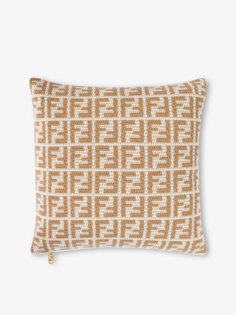 FENDI Two-tone soft cashmere square cushion with FF motif in natural tones of beige and white. Intent on c