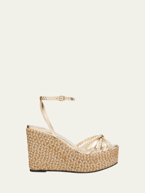 JIMMY CHOO 100mm Dree Metallic Leather Espadrille Wedge Sandals