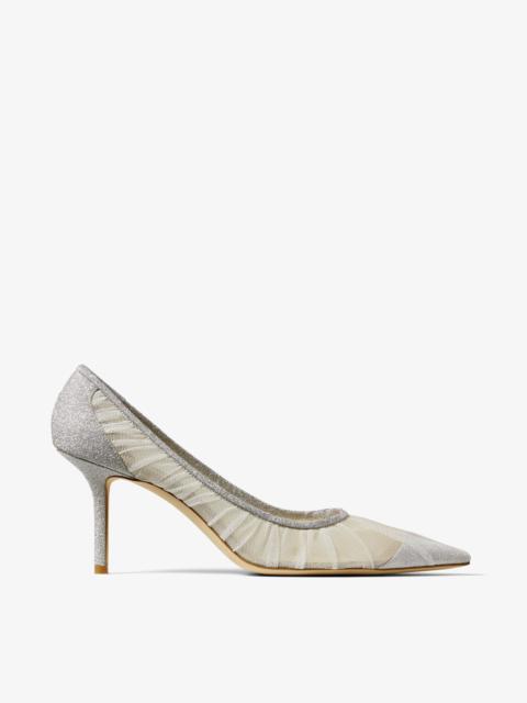 JIMMY CHOO Love 65 Metallic Silver Glitter Fabric Pumps with Ivory Tulle Overlay