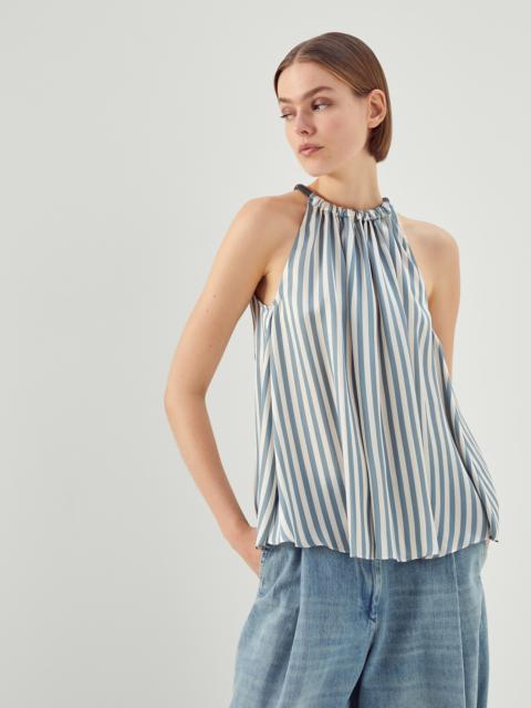 Brunello Cucinelli Viscose and silk striped twill top with shiny halterneck