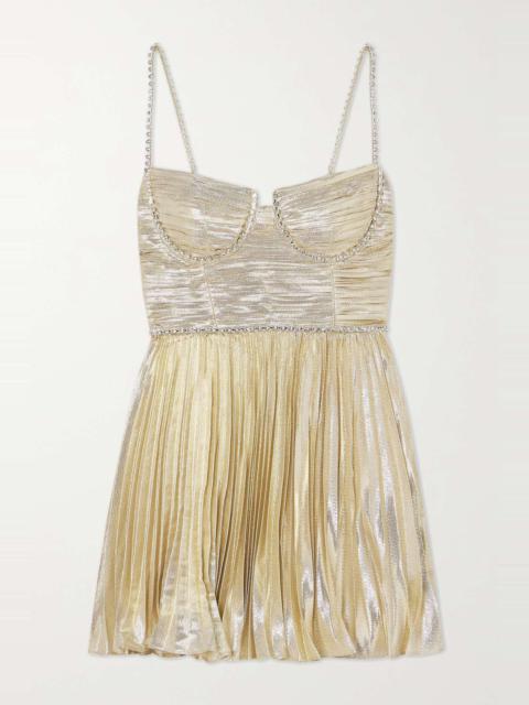self-portrait Crystal-embellished plissé-lamé mini dress
