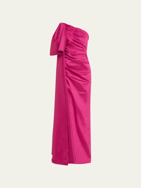 Alessandra Ruched One-Shoulder Bow Column Gown