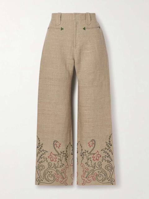 Embroidered linen wide-leg pants