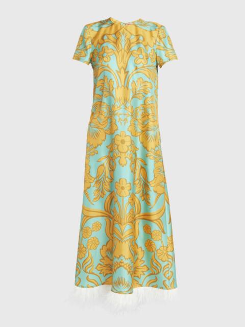 La DoubleJ Baroque-Print Feather-Trim Maxi Swing Dress