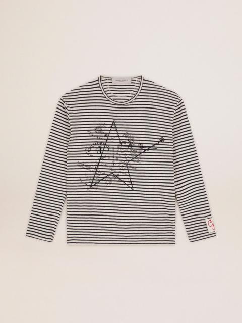 Golden Goose Men's T-shirt with white and blue stripes and embroidery on the front
