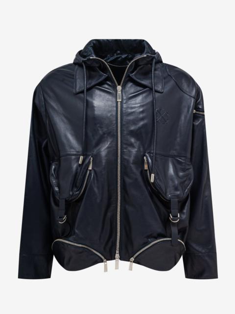 Navy Blue Arrow Multi Pocket Zip Leather Jacket