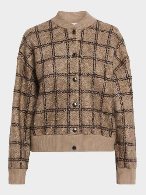 Brunello Cucinelli Paillette Check Mohair Knit Bomber Cardigan
