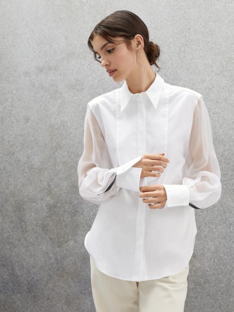 Stretch cotton poplin shirt with bib, crispy silk sleeves and shiny cuffs