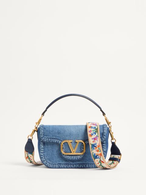 Valentino VALENTINO GARAVANI ALLTIME DENIM SHOULDER BAG WITH EMBROIDERED RIBBON STRAP