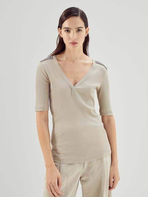 Cotton ribbed jersey T-shirt with shiny shoulders