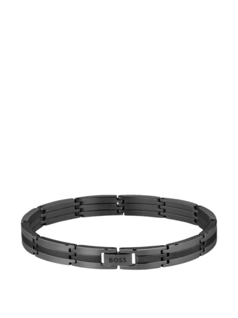BOSS BLACK STAINLESS-STEEL STRIPED CUFF WITH LOGO CLASP
