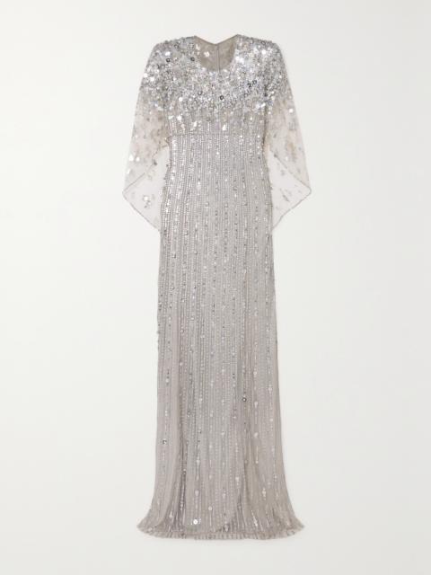 JENNY PACKHAM Nettie Cape-effect Embellished Sequined Tulle Gown