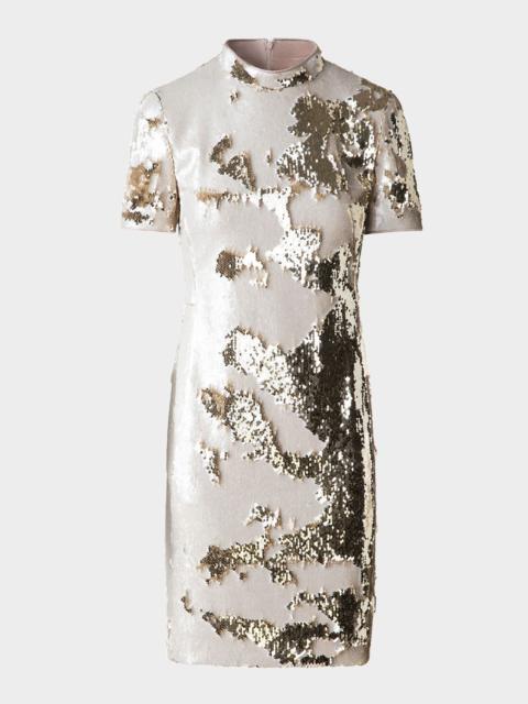 AKRIS Mock-Neck Short-Sleeve Sequin Mini Dress