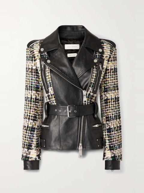 Alexander McQueen Belted leather and metallic tweed biker jacket