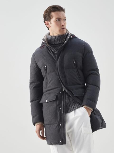 Brunello Cucinelli Wool, silk and cashmere bonded diagonal long down coat with detachable hood