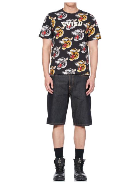 EVISU DAICOCK PRINTED DENIM SHORTS WITH TIGER-PATTERNED KAMON EMBROIDERY