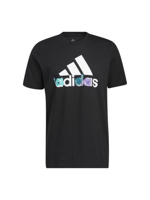 Men's adidas Logo Cartoon Pattern Printing Round Neck Short Sleeve Black T-Shirt HE4837