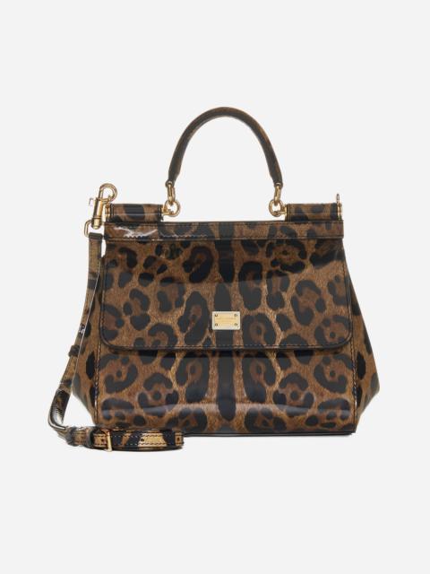 Dolce & Gabbana Medium Travel Bag in Leopard-Print Crespo with Branded Plate - Brown