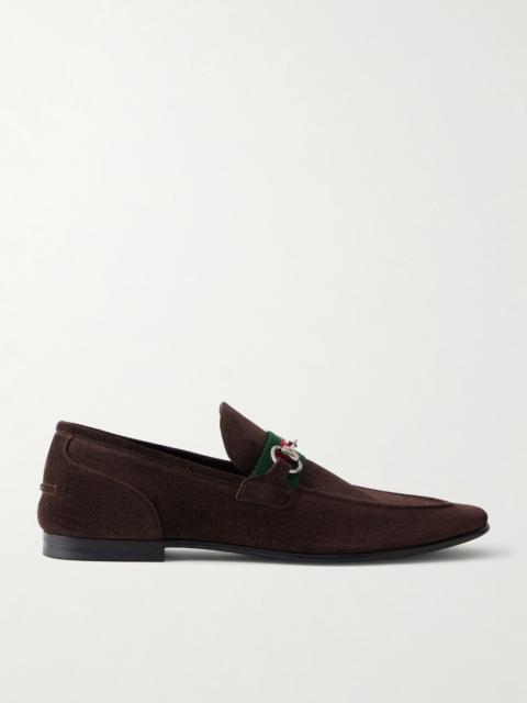 GUCCI Como Horsebit-Embellished Web-Trimmed Suede Loafers Brown