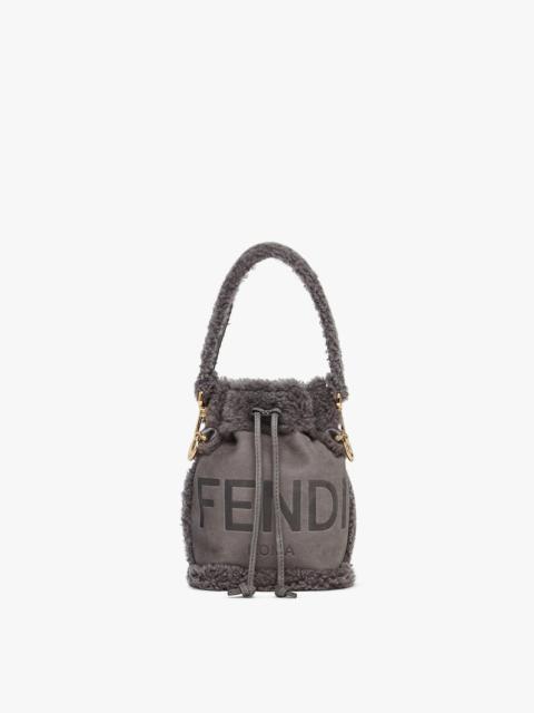 FENDI Small Mon Tresor bucket bag made of anthracite gray nubuck, embellished with tone on tone sheepskin 