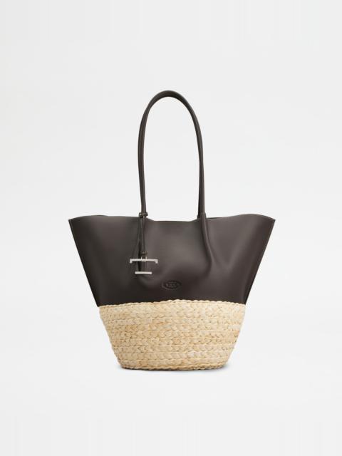 Tod's SHOPPING BAG IN STRAW AND LEATHER MEDIUM - BROWN, NATURAL