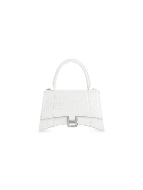 BALENCIAGA Women's Hourglass Small Handbag Crocodile Embossed in White