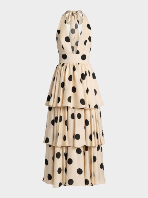MAC DUGGAL Plunging Tiered Polka Dot Maxi Dress