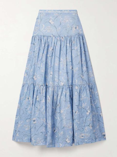 Agua by Agua Bendita Anis Lymanopoda tiered printed linen maxi skirt Blue