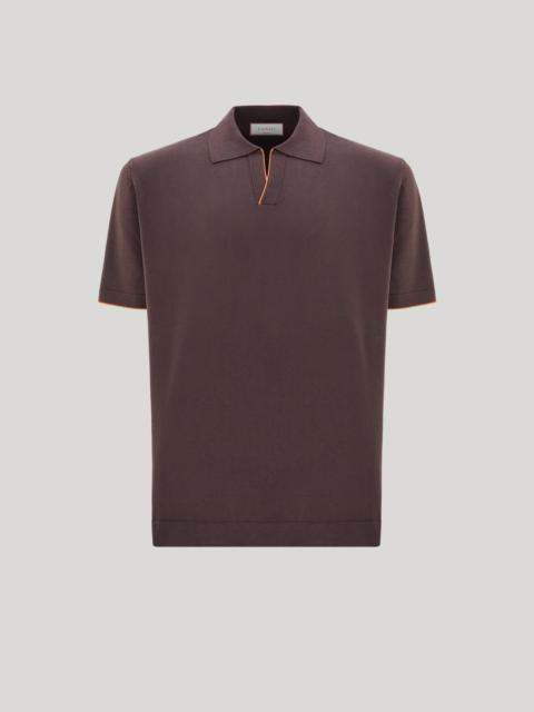 Canali BROWN COTTON AND SILK POLO SHIRT WITH CONTRASTING PIPING