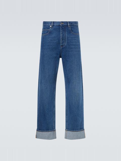 Bottega Veneta Leather-trimmed wide-leg jeans