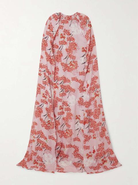 Minnie cape-effect floral-print crepe de chine gown