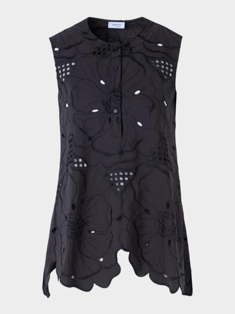 AKRIS Flower Eyelet Embroidered Cotton Poplin Tunic Blouse