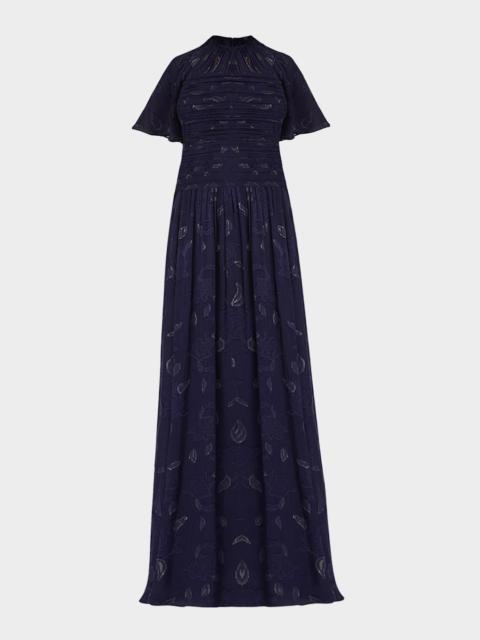 Shoshanna Serafina Flutter-Sleeve Floral Burnout Gown