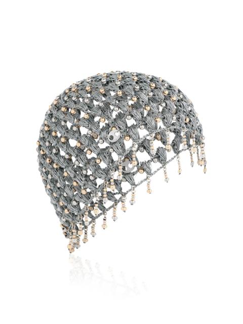rabanne Metallic Woven Crystal-Embellished Chain Cap silver