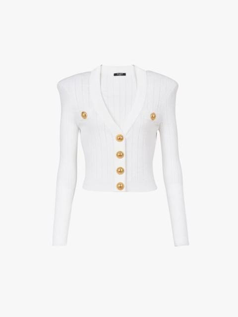 Cropped white eco-designed cardigan with gold-tone buttons