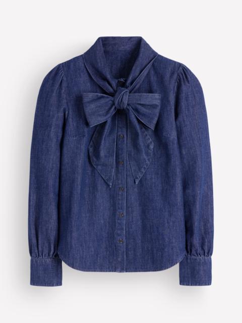 BODEN Clara Tie Neck Denim Top-Dark Indigo