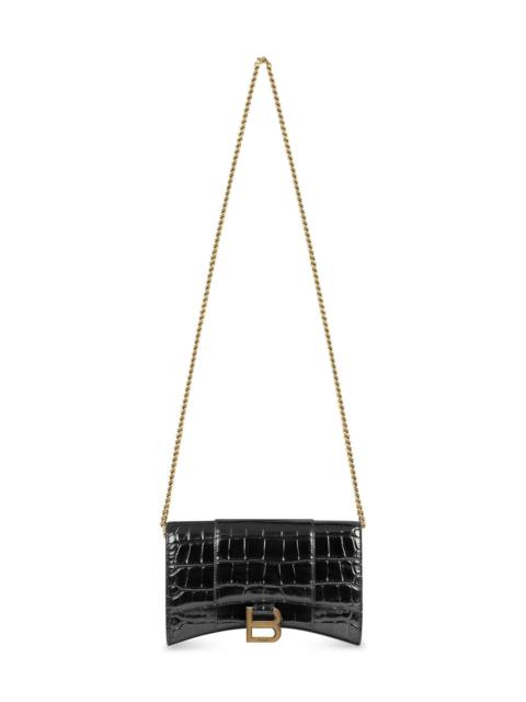 BALENCIAGA Women's Hourglass Wallet with Chain Crocodile Embossed - Black