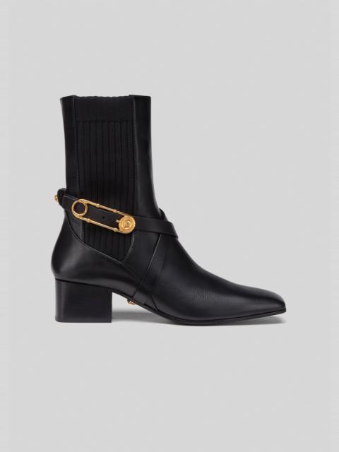 VERSACE Safety Pin Mid-Heel Leather Ankle Boots