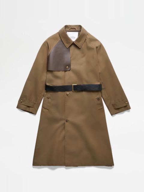 Tod's TRENCH COAT WITH LEATHER INSERTS - BROWN