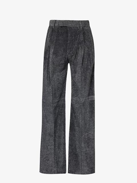 Metallic-weave pleated straight-leg high-rise woven trousers