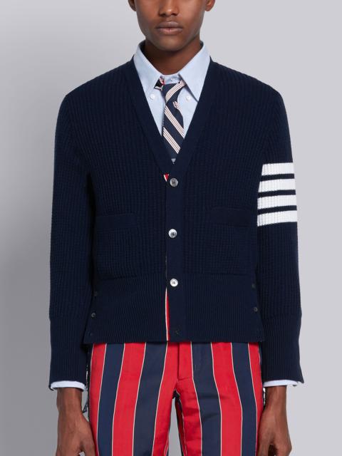 Thom Browne Navy Cashmere Waffle Stitch V-neck 4-Bar Cardigan