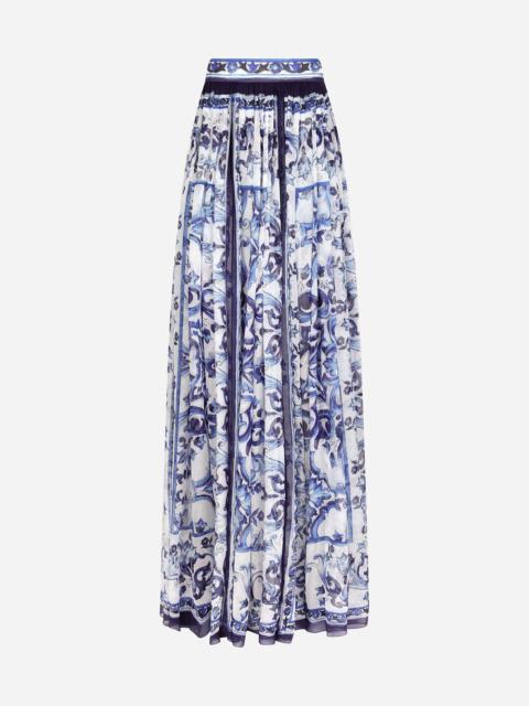 Long majolica-print chiffon skirt